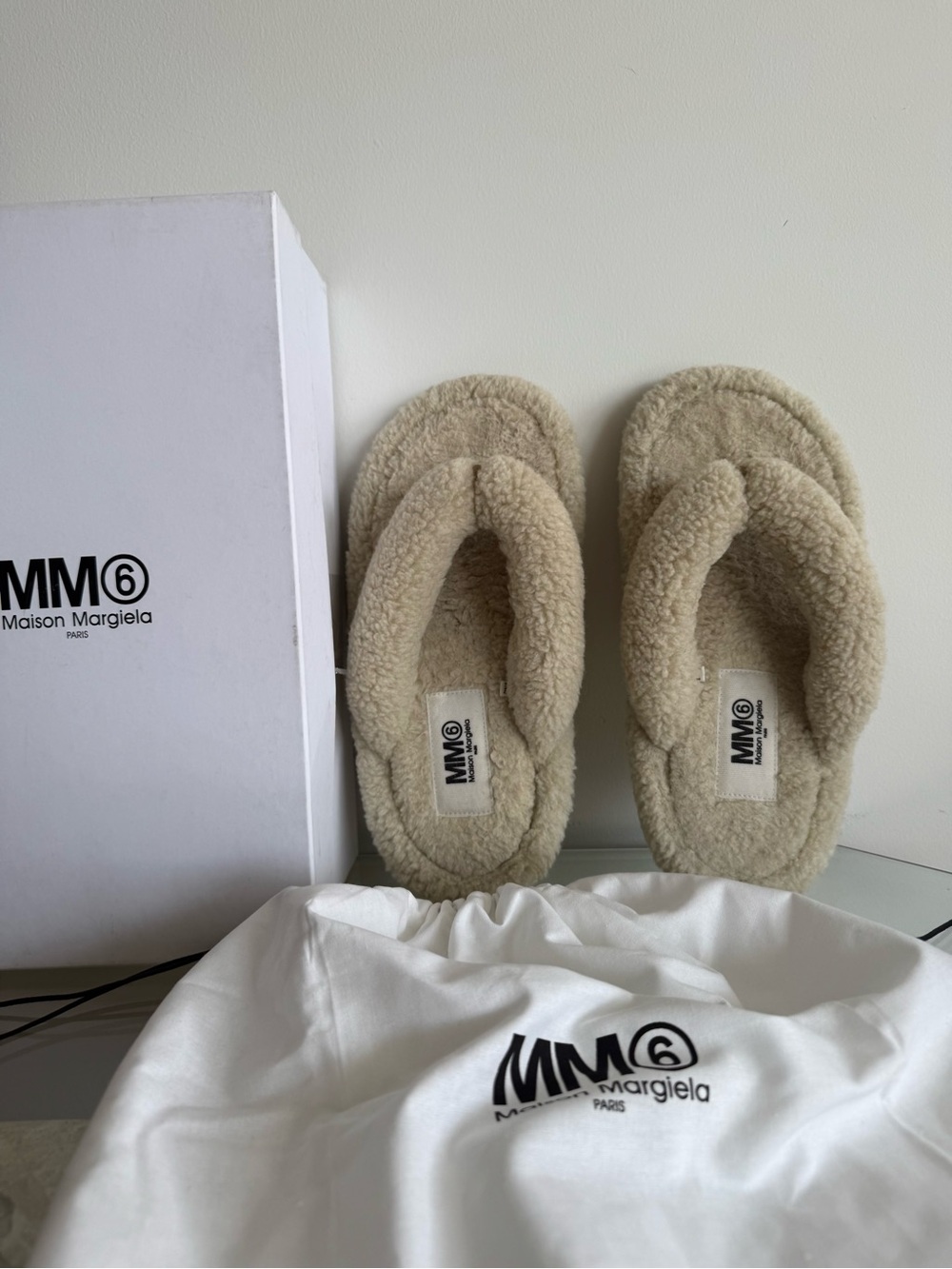 MM6 Maison Margiela Shearling Teddy Flip Flop Slippers Beige
